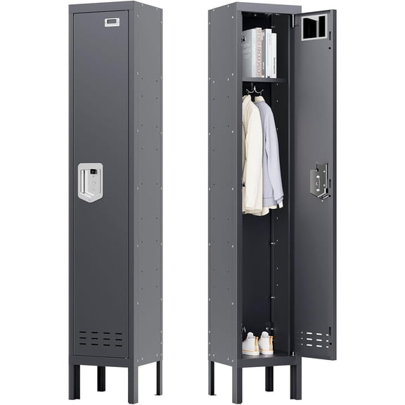 Metal Storage Locker with Lock & Card Slot Locker - Secure Lockable Door - Steel Locker for School, Office, Gym, Home - 66.15" H x 11.8" W x 11.8" D(1 Door, Grey)