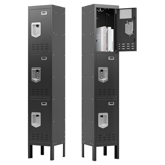 Metal Storage Locker with Lock & Card Slot Locker - Secure Lockable Door - Steel Locker for School, Office, Gym, Home - 66.15" H x 11.8" W x 11.8" D（3 Door, Black）