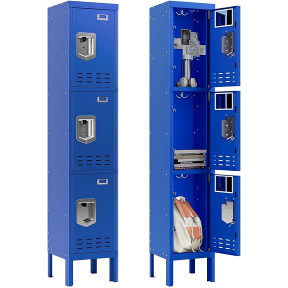 Metal Storage Locker with Lock & Card Slot Locker - Secure Lockable Door - Steel Locker for School, Office, Gym, Home - 66.15" H x 11.8" W x 11.8" D(3 Door, Blue)