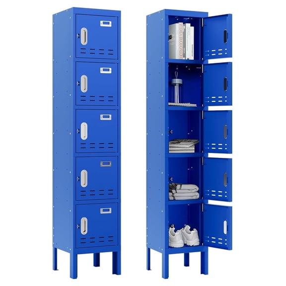 Metal Storage Locker with Lock & Card Slot Locker - Secure Lockable Door - Steel Locker for School, Office, Gym, Home - 66.15" H x 11.8" W x 11.8" D（5 Door, Blue）