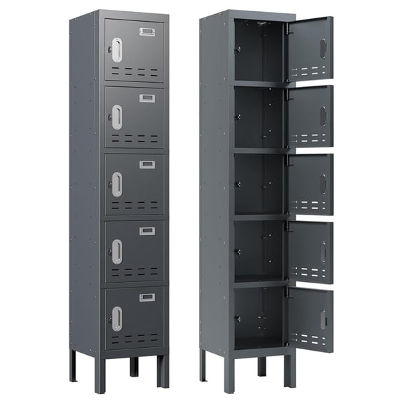Metal Storage Locker with Lock & Card Slot Locker - Secure Lockable Door - Steel Locker for School, Office, Gym, Home - 66.15" H x 11.8" W x 11.8" D（5 Door, Grey）