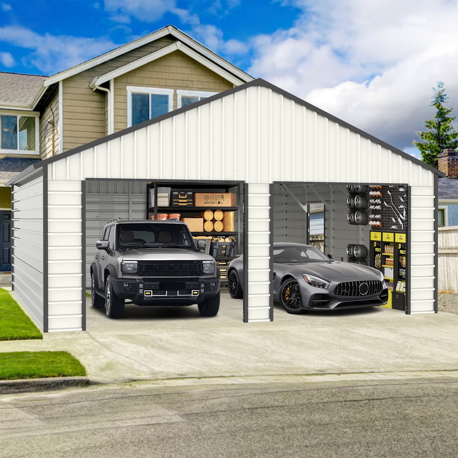 White 23' x 22' Double Garage Metal Shed with Side Entry Door