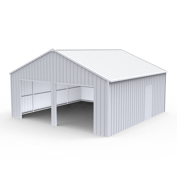 22 x 23 ft White Metal Garage Shed, 14-Gauge Steel Frame with 26-Gauge Panels and Side Door for Vehicle and Equipment Storage
