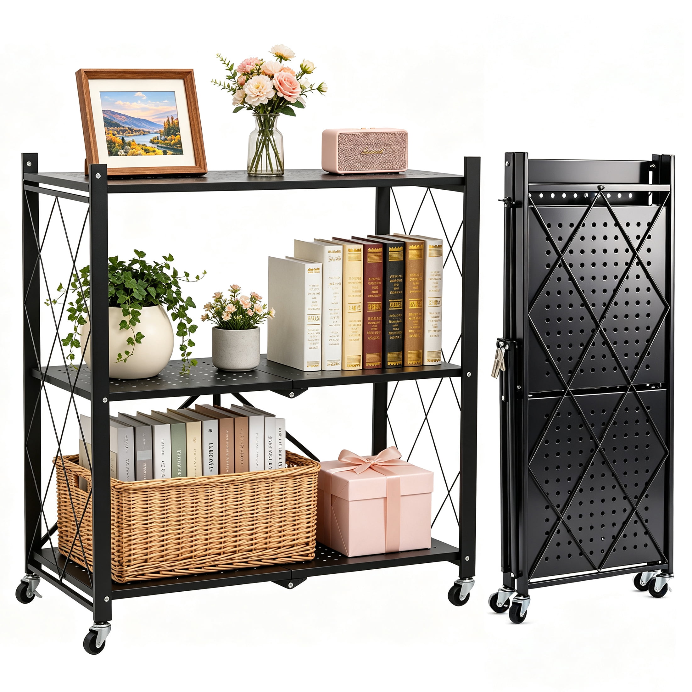 GARITIN 3‑Tier Rolling Storage Rack with Wheels, Foldable Heavy‑Duty Metal Storage Shelves, Organizer Shelf for Kitchen Living Room, Black