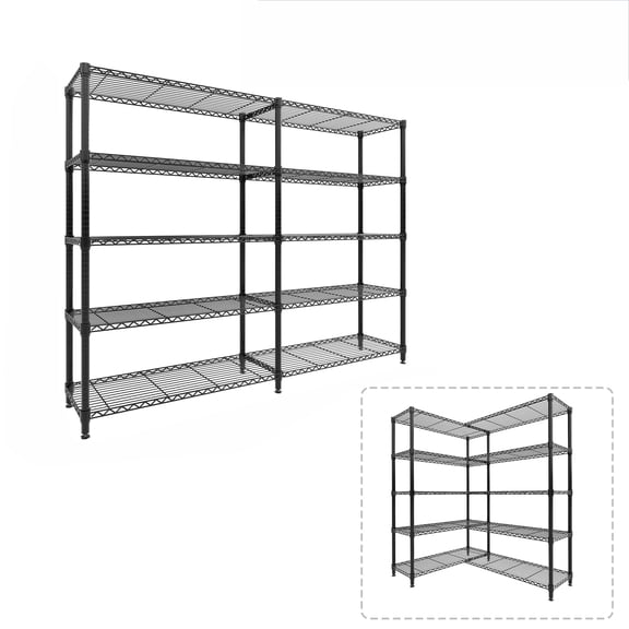 Metal Storage Shelves 5-Tier, Heavy Duty Wire Rack Shelving Unit, Adjustable Black Standing Shelves for Garage Kitchen Pantry Room Home & Commercial, H or L-Shaped Shelf