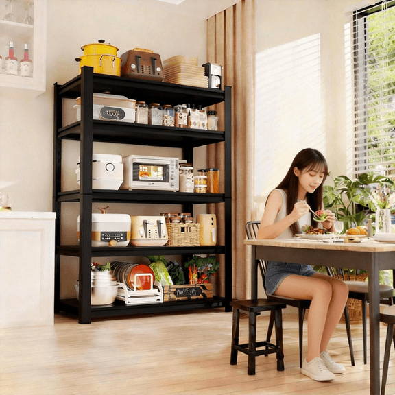 Metal Storage Shelves, Adjustable 5 Tier Shelving Unit for Storage Heavy Duty, Large Storage Rack Shelf for Corner of The Kitchen Bathroom Living Room Garage Office, Black