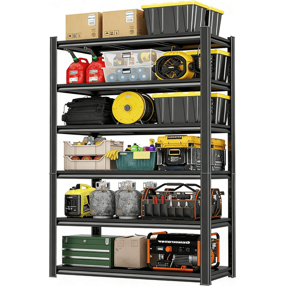Metal Storage Shelves, Adjustable 6 Tier Shelving Unit for Storage Heavy Duty, Large Storage Rack Shelf for Corner of The Kitchen Bathroom Living Room Garage Office, Black