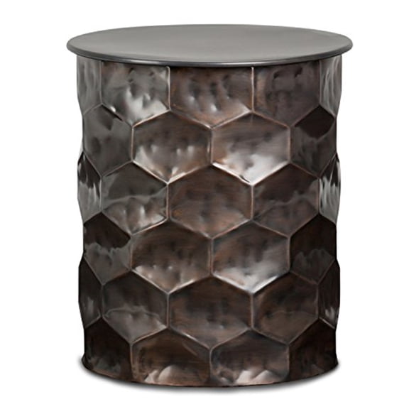 Metal Storage Side Table, 17" Round Industrial Accent Table - Rustic Bronze