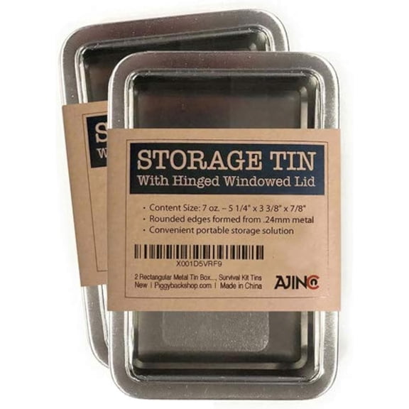 Metal Storage Tin Box with Windowed Hinged Lid - Plain Silver Blank Storage Case, Survival Kit Tins 5.5" x 3.5" (2X)