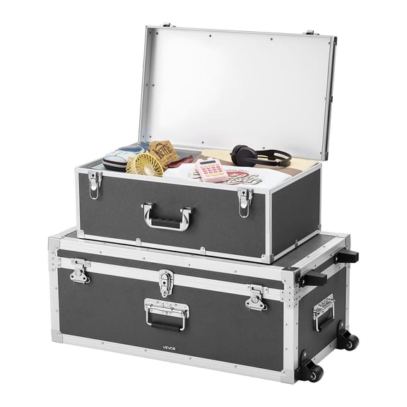 Metal Storage Trunk Set of 2 Wooden Suitcase Box with Padlocks Casters 3 Handles Decorative Travel Apartment Dorm Gray