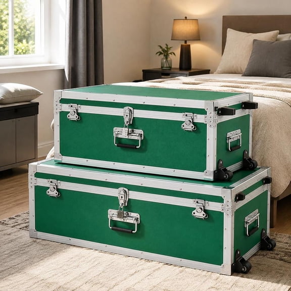 Metal Storage Trunk Set of 2 - Wooden Suitcase Storage Boxes with Locks, Casters, 3 Metal Handles, Green, for Travel, Apartments, and Dorms