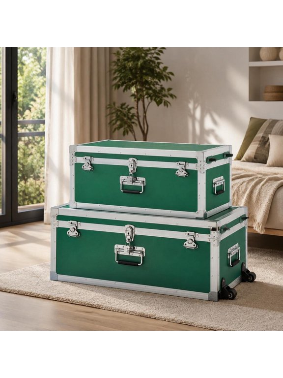 Metal Storage Trunk, set of 2, with locks, casters, 3 metal handles, green, suitable for travel, apartments and dorms