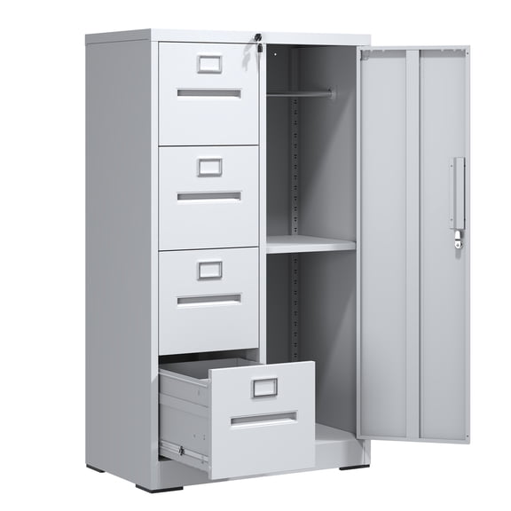 Metal Storage Vertical Filing Cabinet With Lock, Steel File Locker With 4 Drawers And 1 Door For School, Living Room, Bedroom, Office (White)