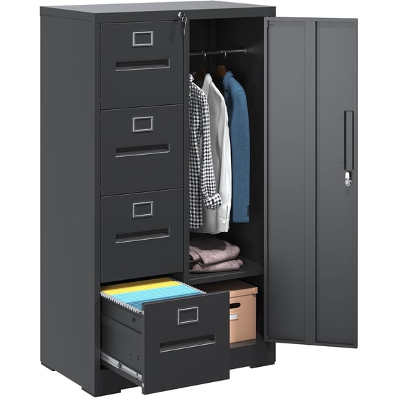 Metal Storage Vertical Filing Cabinet with Lock, Steel File Locker with 4 Drawers and 1 door for School, Living Room, Bedroom, Office (Black)
