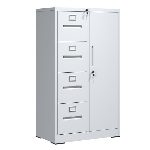 Metal Storage Vertical Filing Cabinet with Lock, Steel File Locker with 4 Drawers and 1 door for School, Living Room, Bedroom, Office (White)