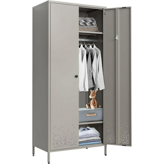 Metal Storage Wardrobe Cabinet, Armoire Closet Storage Cabinet with Hanging Rod for Bedroom, Laundry Room (Gray)