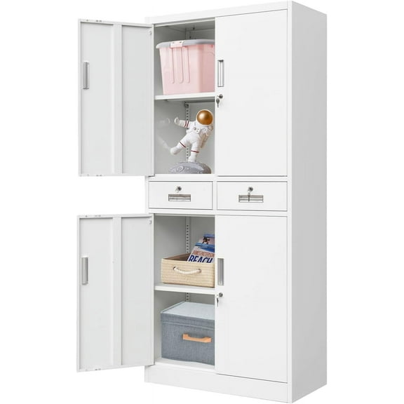 Metal Storage cabinets, with 2 Adjustable Shelves, Lockable 71 "H Steel Garage Cabinet with 2 Drawers, Suitable for Offices, garages, Warehouses, Schools, and Homes (White)