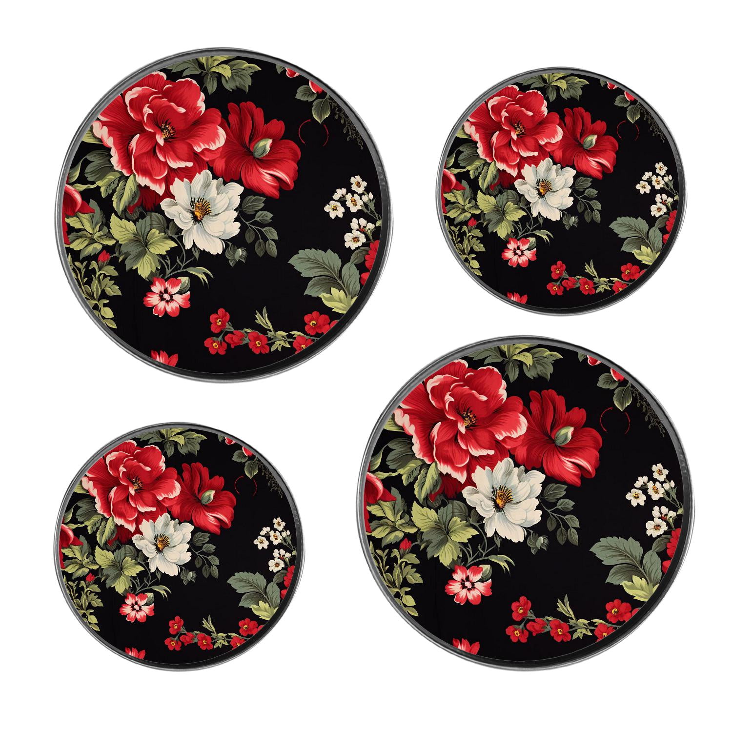 Metal Stove Burner Covers 4 Pcs Decorative Gas Stove Burner Cover 8Inch And 10Inch ,Red Hibiscus Flowers Green Leaves on Black Style, for Home Decor Cooktop Decorative