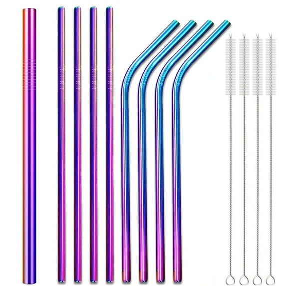 Metal Straw Reusable 8.5" 6/12mm Bent Straight Straws for 20 30oz Tumblers, 9 Rainbow Stainless Steel Drinking Straws with 4 Cleaning Brush for Smoothie, Milkshake, Cocktail and Hot Drinks