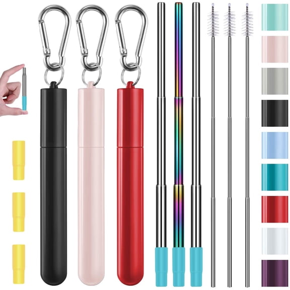Metal Straws, 3 Pack Reusable Collapsible Stainless Steel Straw with Plastic Case Silicone Tip and Long Cleaning Brush,Portable Pocket Drinking Straws for Travel, Black/Pink/Red