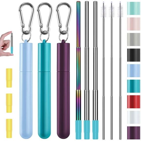 Metal Straws, 3 Pack Reusable Collapsible Stainless Steel Straw with Plastic Case Silicone Tip and Long Cleaning Brush,Portable Pocket Drinking Straws for Travel, Purple/Teal/Grape