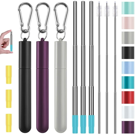 Metal Straws, 3 Pack Reusable Collapsible Stainless Steel Straw with Plastic Case and Silicone Tip