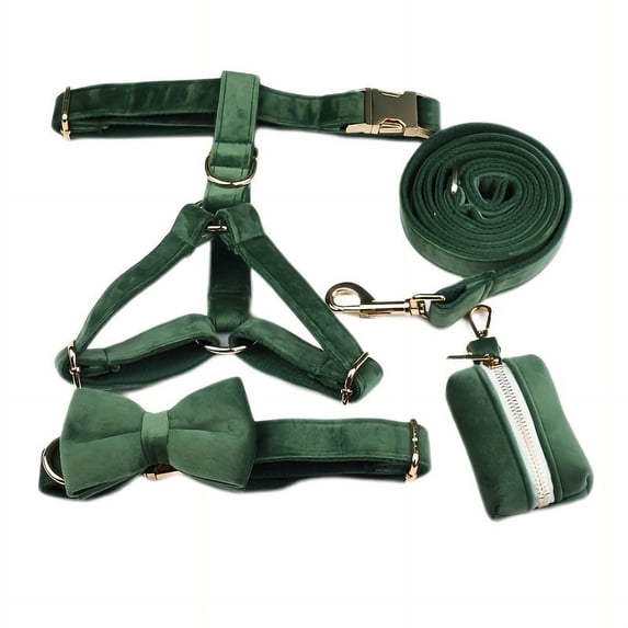 Set of 5 New Gentle Design Personalized Soft Velvet Pet Dog Outdoor Collar Harness and Leash with Dog Poop Bag Holder - Custom Engraved with Pet Name and Phone Number for Outdoor Walkin