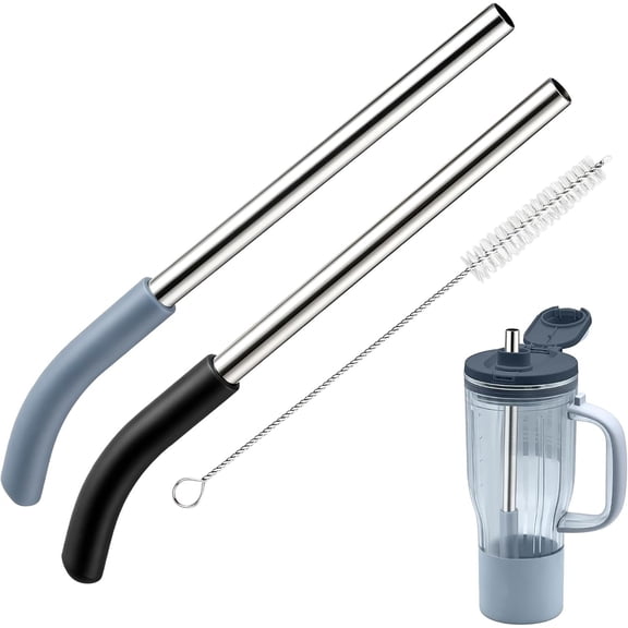 Metal Straws for BlendBOSS Personal Blender 26oz Tumbler | 2 count 18/8 Stainless Steel Straw, 1 Brush, Tip, Detachable Design, Dishwasher Safe(Gray & Black)