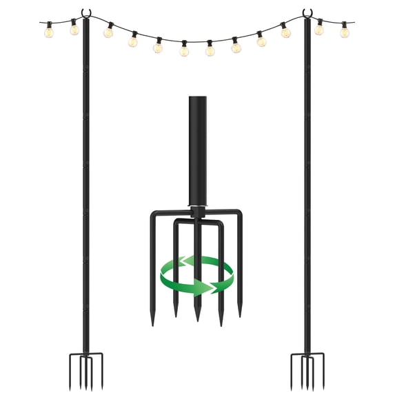 Metal String Light Poles for Outside Hanging - Backyard, Garden, Patio, 2 Pack Lighting Stand with Adjustable Height for Outdoor Parties, Wedding, Extra-Long 5-Prong Claws, (10FT) FLP02B01