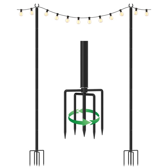 Metal String Light Poles for Outside Hanging - Backyard, Garden, Patio, 2 Pack Lighting Stand with Adjustable Height for Outdoor Parties, Wedding, Extra-Long 5-Prong Claws, (10FT) FLP02B01