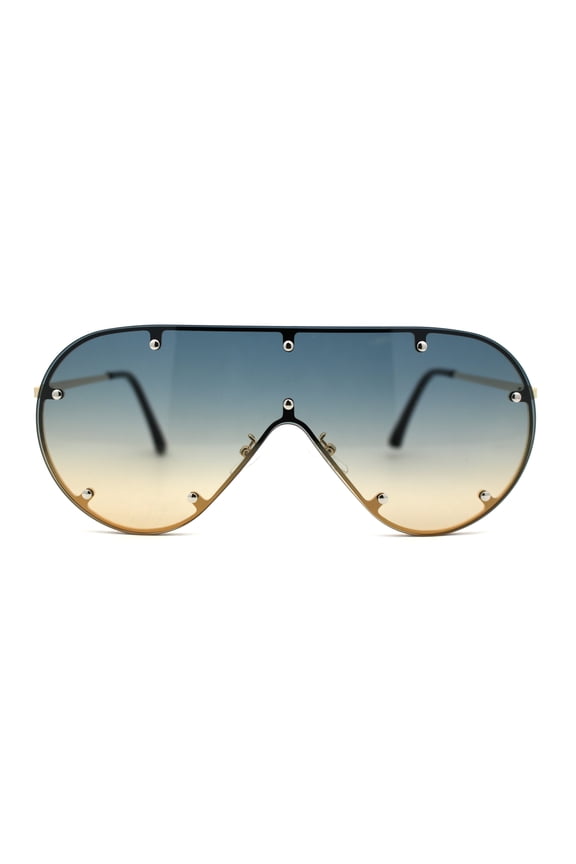 Metal Stud Brow Line Flat Top Rimless Shield Racer Sunglasses Gold Blue Brown