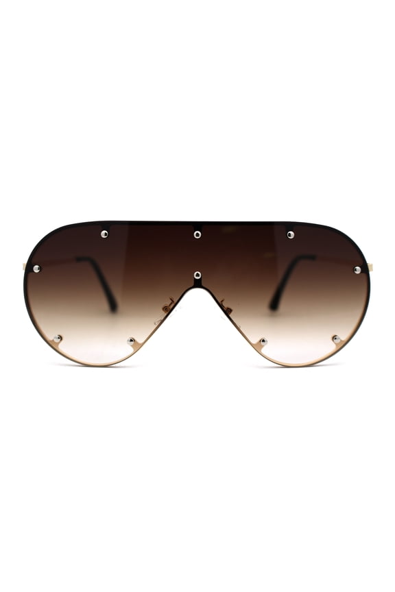 Metal Stud Brow Line Flat Top Rimless Shield Racer Sunglasses Gold Brown