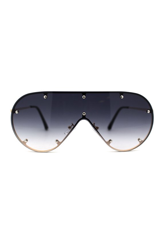 Metal Stud Brow Line Flat Top Rimless Shield Racer Sunglasses Gold Smoke