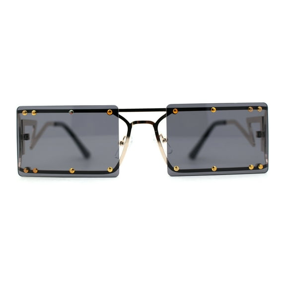 Metal Stud Rimless Rectangular Unique Metal Rim Sunglasses Gold Black
