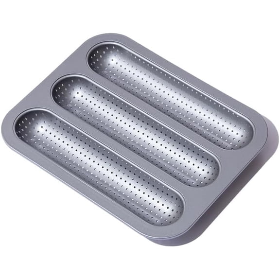Sub Roll & Hoagie Roll Baking Pan 12 Inch, 3 Slot Perforated French Bread Pan, Nonstick Carbon Steel Bread Baking Tray for Homemade Subs & Sandwich Rolls