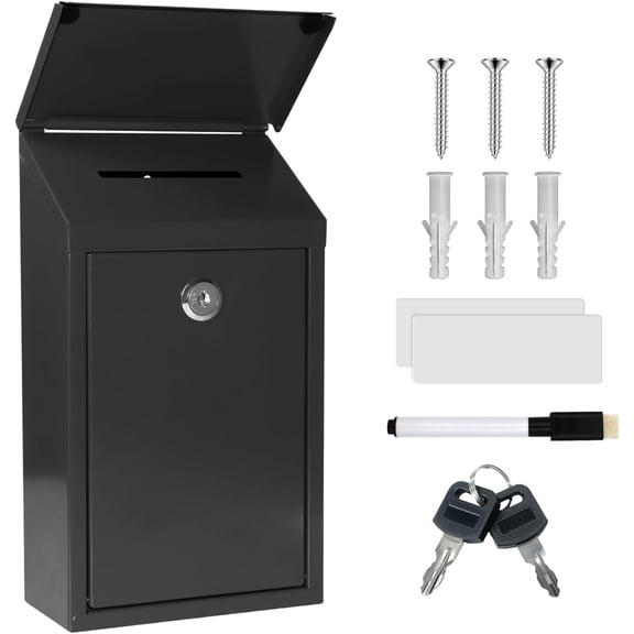Metal Suggestion Box Donation Box With Slot Drop Box With Lock And Key Collection Box Mailbox Wall Mount Dropbox(10.2×5.6×2.8inch) Ballot Box For Home Office Outdoor (Black)