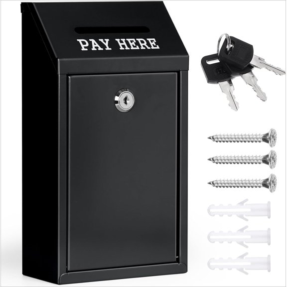 Metal Suggestion Box with Lock, Wall Mounted Donation Mailbox for Ballots, Letters and Keys, Secure Collection Drop Box for Home Office Outdoor Use, Black