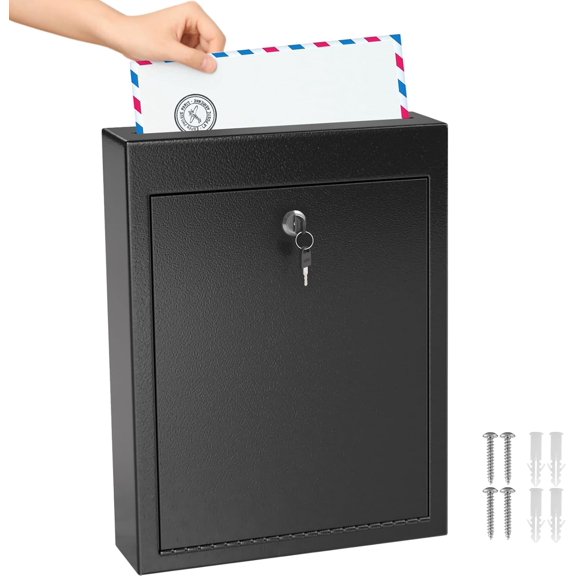 Metal Suggestion Container with Lock and Slot, 3W x 10H x 13L Inch Large Wall Mounted Locking Mailbox for Office, Secure Ballot Container with 2 Keys for Payments, Ideal for House