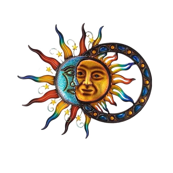 Metal Sun & Moon Face Wall Art Decor, Hand-Painted Colorful Iron Sculpture Hanging Ornament, Outdoor Indoor Bohemian Wall Decor for Patio Garden Fence Home Living Room Decoration