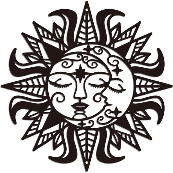 Metal Sun Moon Face Wall Art Decor Sun Moon Star Metal Wall Art Hanging Decor Signs Sun Moon Silhouette Wall Sculpture Statues for Home Bedroom Bathroom Office 11.81x11.81 Inch Sun Moon Black
