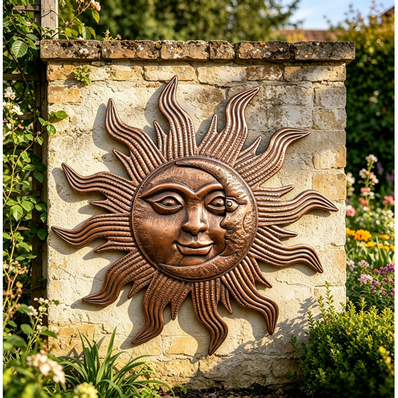 Metal Sun Moon Wall Art Plaque Outdoor Indoor Decor , 26 Inch Large Size Sun Face Moon Sculpture Decorations Hanging on Garden House Living Room Bedroom Patio Fence Yard