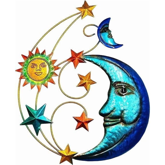 Metal Sun Outdoor Wall Art Decor, Large Size 17'' Sun Face Metal Wall Sculpture with Moon & Stars for Home Wall Decoration Living Room, Bedroom, Outside Decor for Yard, Patio, Garden Fence Deck Pool