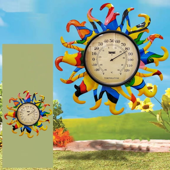 Metal Sun Thermometer Indoor Outdoor Ornament Wall Art Decor, Sun Plaque Sculpture Hanging Mounted for Living Room Bedroom Kitchen Patio for Home or Garden, No Battery Required