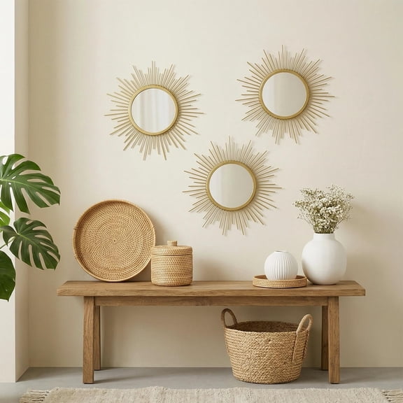 Metal Sunburst Wall Mirror Set, Sunburst- Gold, 11.8 in, Boho Wall Decor