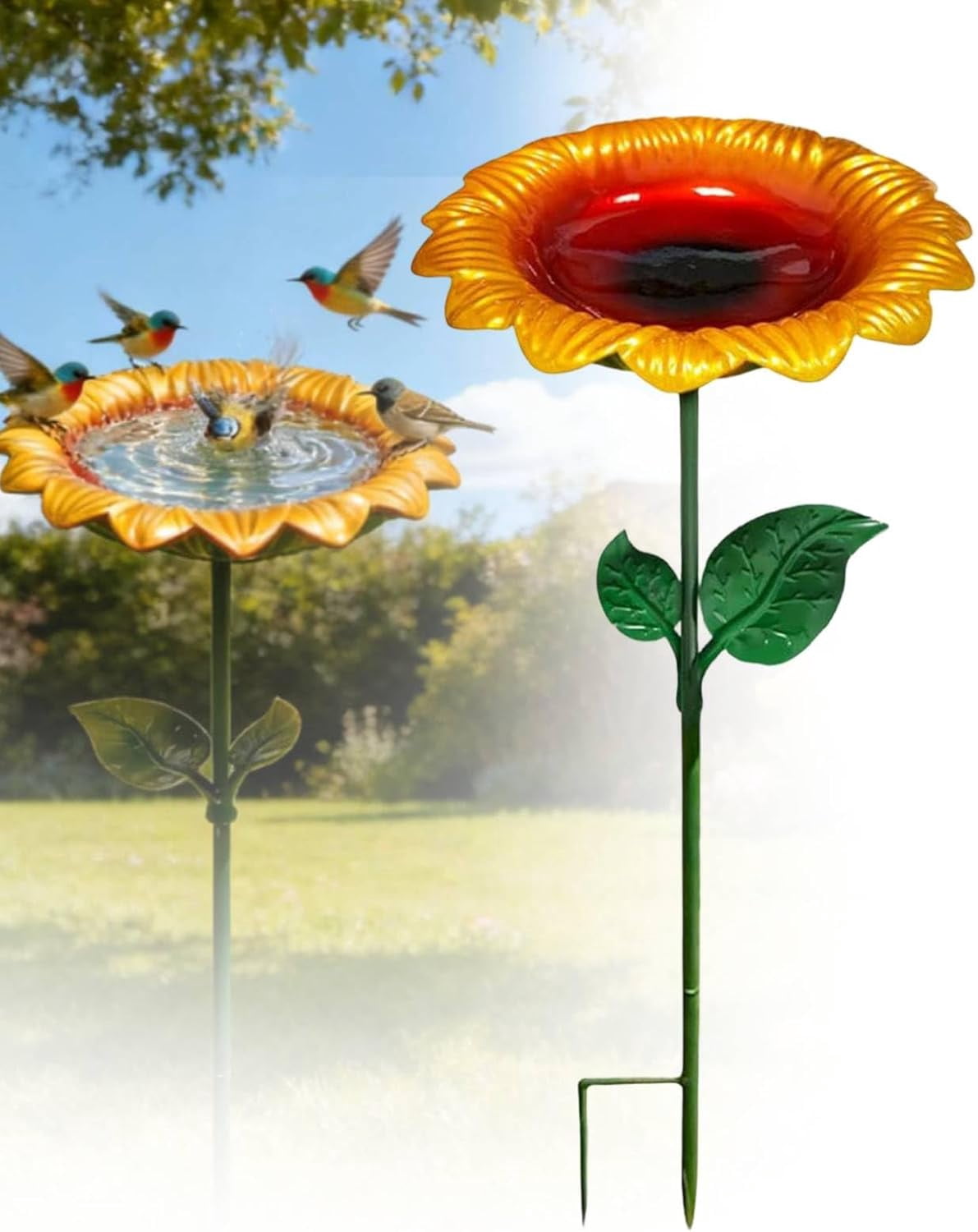 Metal Sunflower Bird Bath with Stake, Small Outdoor Water Feeder for Wild Birds, Garden Patio Yard Lawn Decor