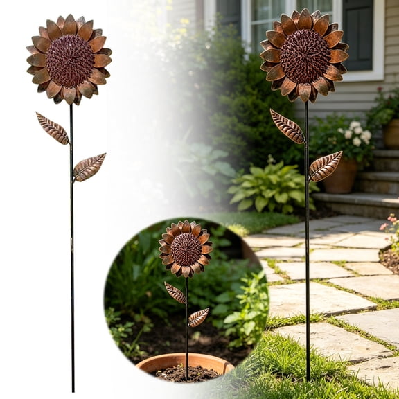 Metal Sunflower Garden Stake Anti Rust Yard Art Sculpture Vintage Wrought Iron Flower Decor For Lawn Patio Backyard Farmhouse(Brown-69.5Cm)