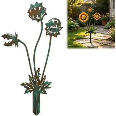 Metal Sunflower Garden Stake Smiling Weatherproof Outdoor Decor 30cm 12in for Lawn Patio Porch Pathway