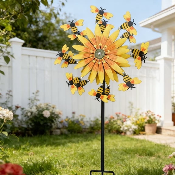Metal Sunflower and Bees Wind Spinner with Stake,30" Wind Spinner Stake Decor for Yard Patio Lawn Garden, Gift for Gardener
