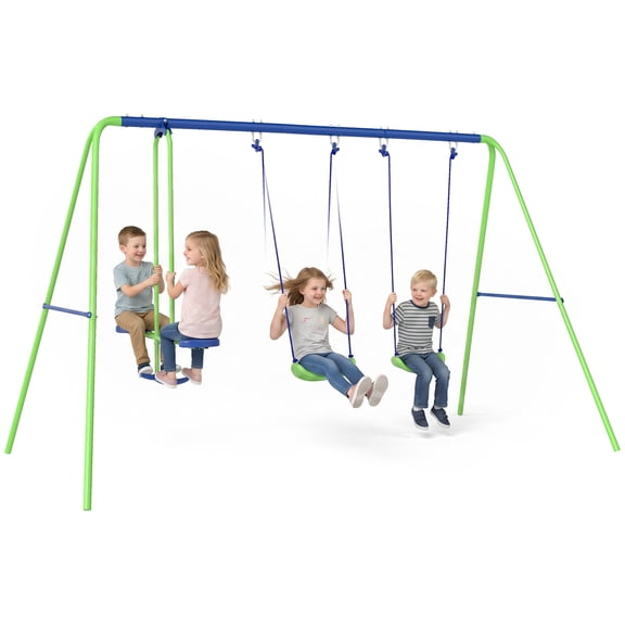 Metal Swing Set - 3-in-1 Outdoor Swing Set w/ 2 Swings & Slide - Green - 43.4" x 21.6" x 27.6" - Heavy Duty Steel Frame