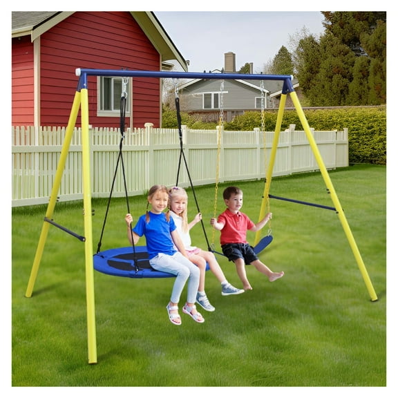 Metal Swing Set Outdoor Indoor, 440lb Capacity 2-Seat A-Frame Swing Set with Safety Belt for Backyard, Kids Toddler Playground Equipment Multicolor + Steel